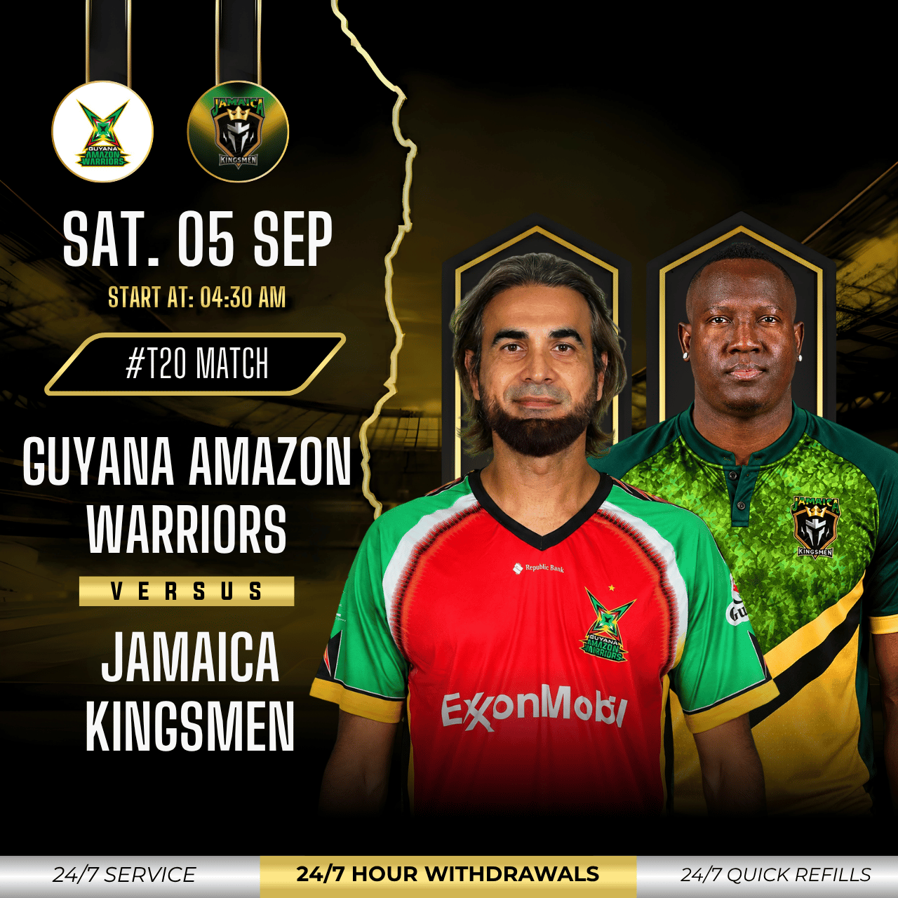Guyana Amazon Warriors vs Jamaica Kingsmen T20 match poster