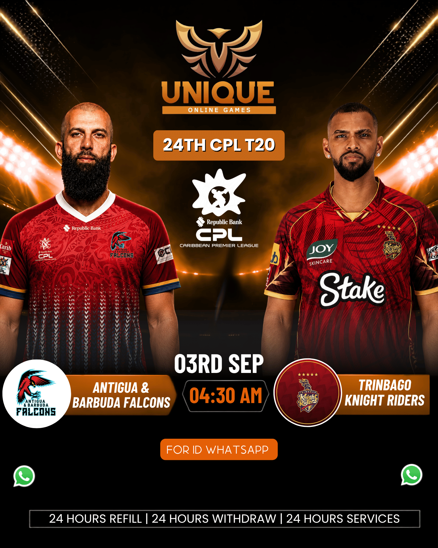 Antigua & Barbuda Falcons vs Trinbago Knight Riders CPL T20 match creative